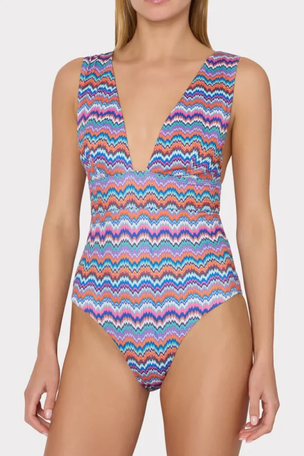 Discount MILLY Ana Barcelona Metallic Chevron One Piece Blue Multi
