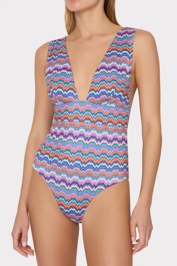 Discount MILLY Ana Barcelona Metallic Chevron One Piece Blue Multi