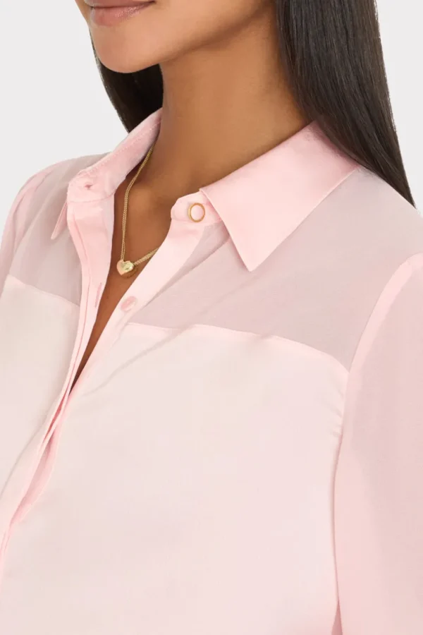 Flash Sale MILLY Andy Satin Combo Button Up Blouse Blush