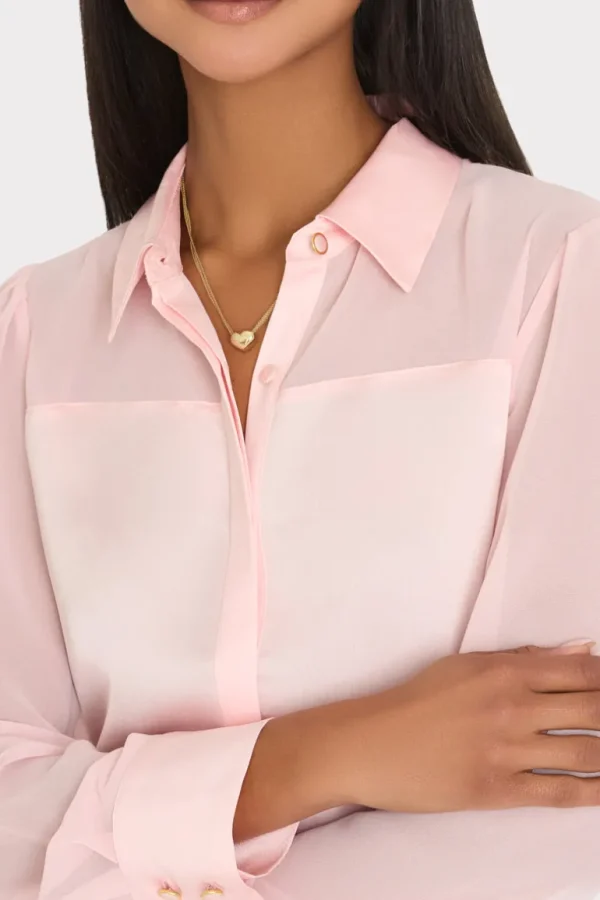 Flash Sale MILLY Andy Satin Combo Button Up Blouse Blush