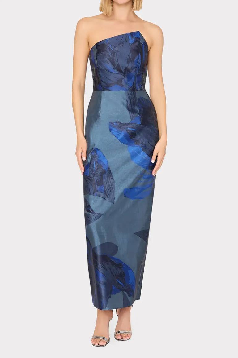 asymmetrical_forest_jacqu_1.webp Best Sale MILLY Asymmetrical Forest Jacquard Maxi Dress Navy Multi