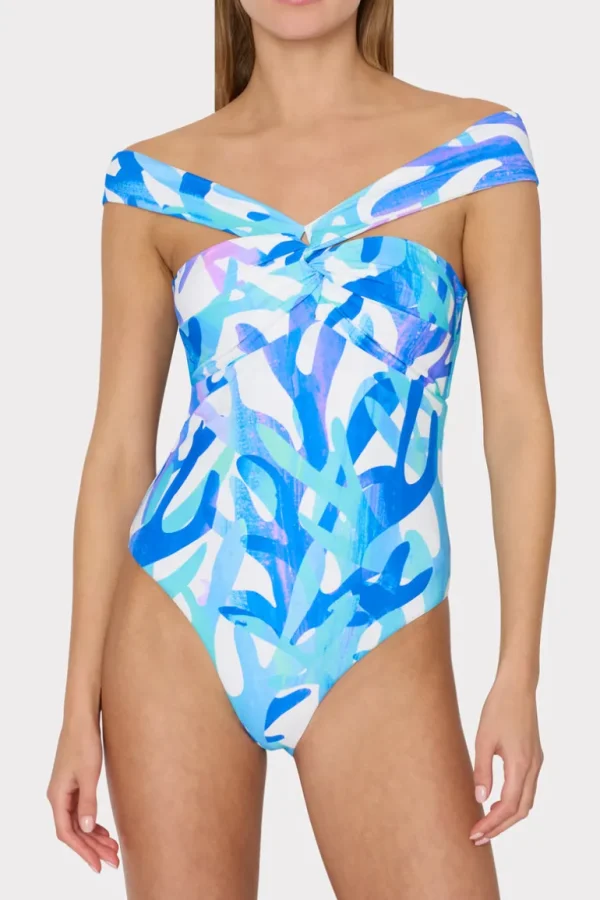 Best MILLY Betsy Italian Under The Sea Bandeau One Piece Blue Multi