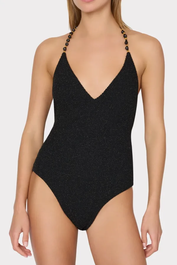 New MILLY Cannes Beaded Strap One Piece Black/Gold