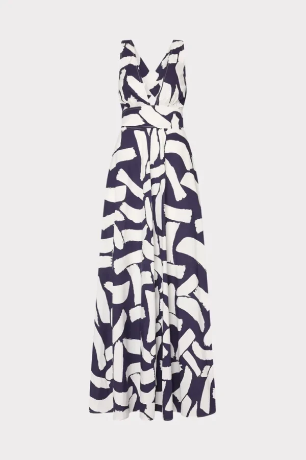 Discount MILLY Catarina Graphic Brushstroke Maxi Dress Navy/Ecru