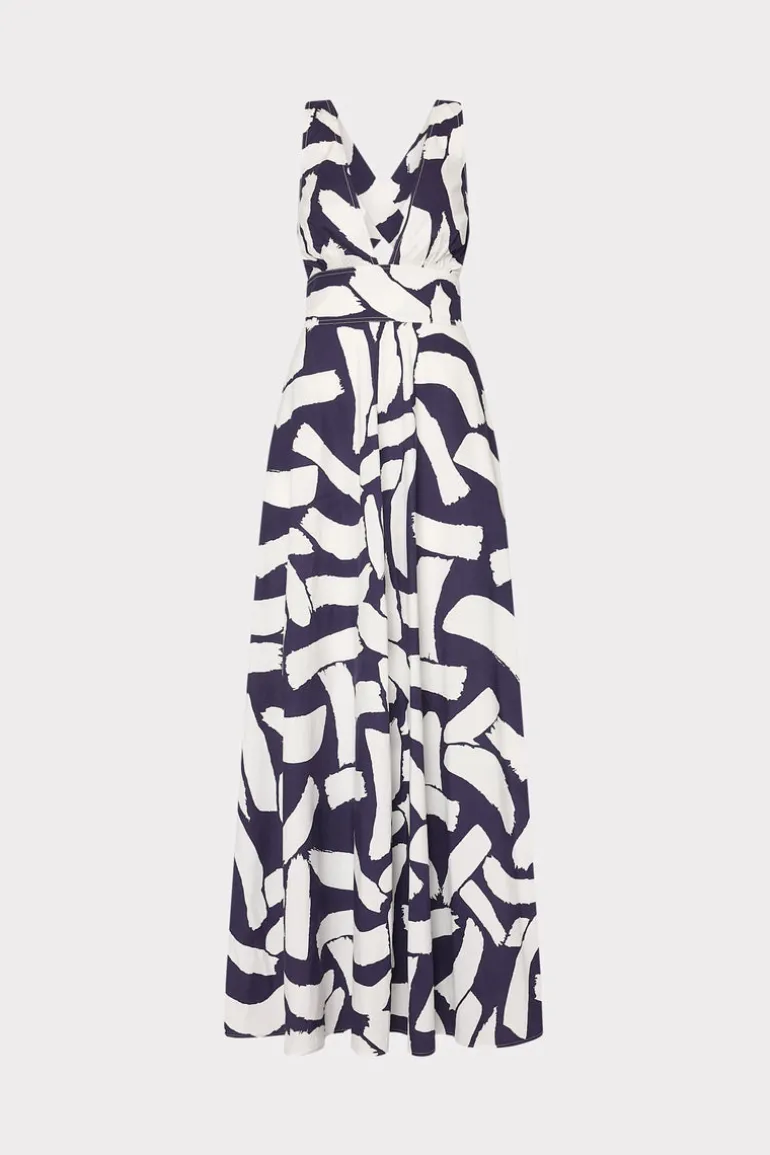 catarina_graphic_brushstr_0.webp Discount MILLY Catarina Graphic Brushstroke Maxi Dress Navy/Ecru