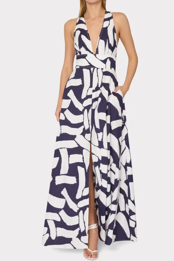 Discount MILLY Catarina Graphic Brushstroke Maxi Dress Navy/Ecru