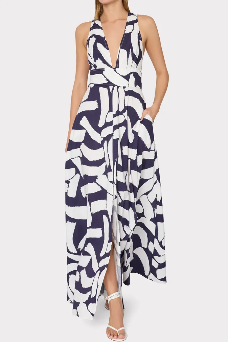 catarina_graphic_brushstr_2.webp Discount MILLY Catarina Graphic Brushstroke Maxi Dress Navy/Ecru