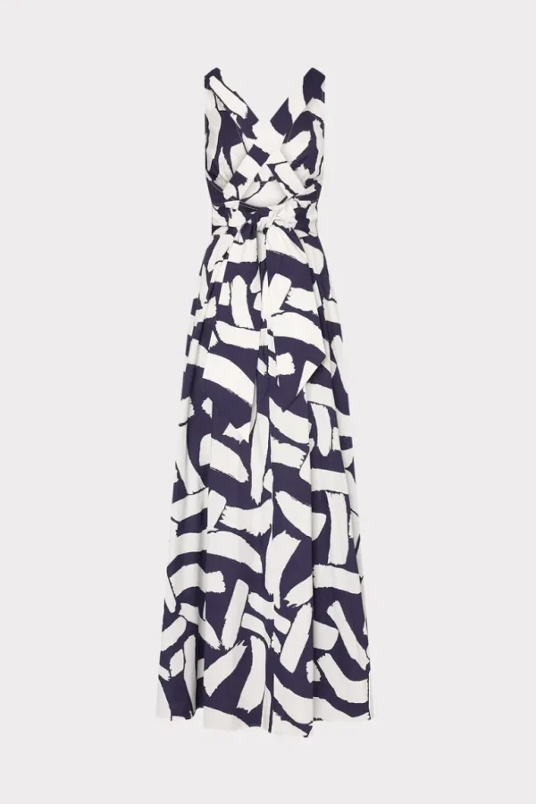 Discount MILLY Catarina Graphic Brushstroke Maxi Dress Navy/Ecru