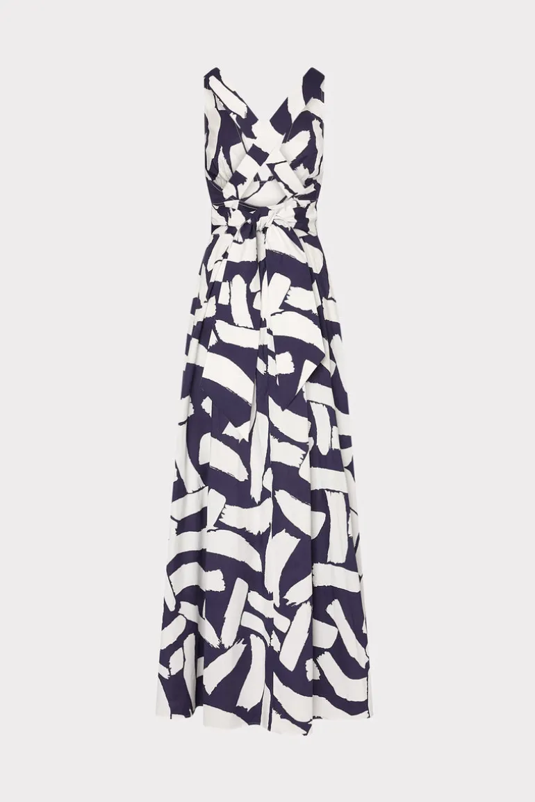 catarina_graphic_brushstr_4.webp Discount MILLY Catarina Graphic Brushstroke Maxi Dress Navy/Ecru