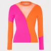 New MILLY Color Block Sheer Graphic Crewneck Coral/Pink