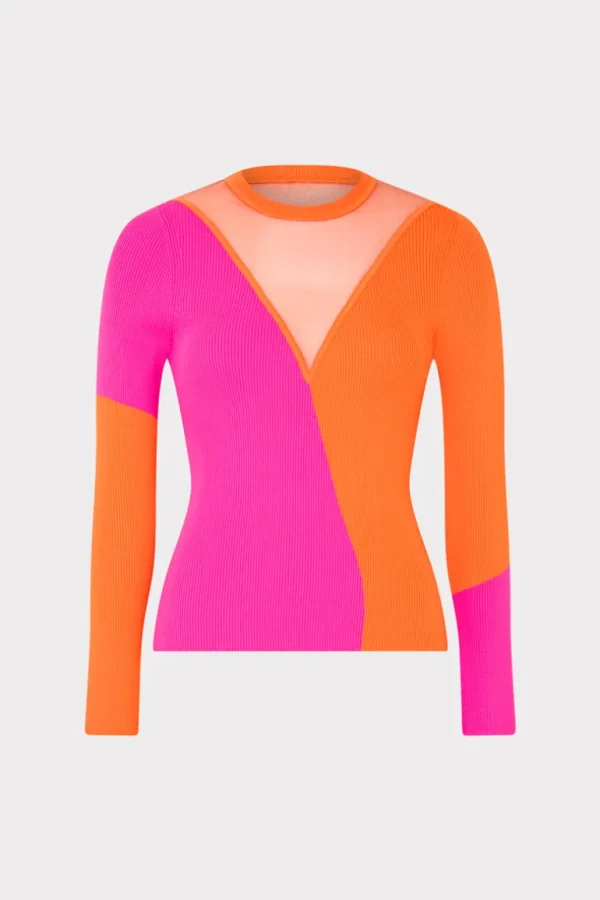 New MILLY Color Block Sheer Graphic Crewneck Coral/Pink