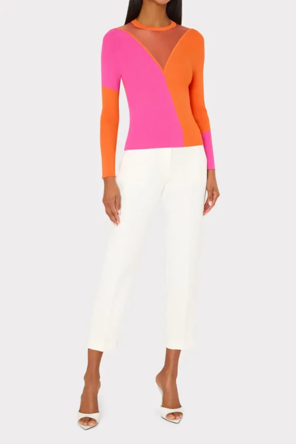 New MILLY Color Block Sheer Graphic Crewneck Coral/Pink