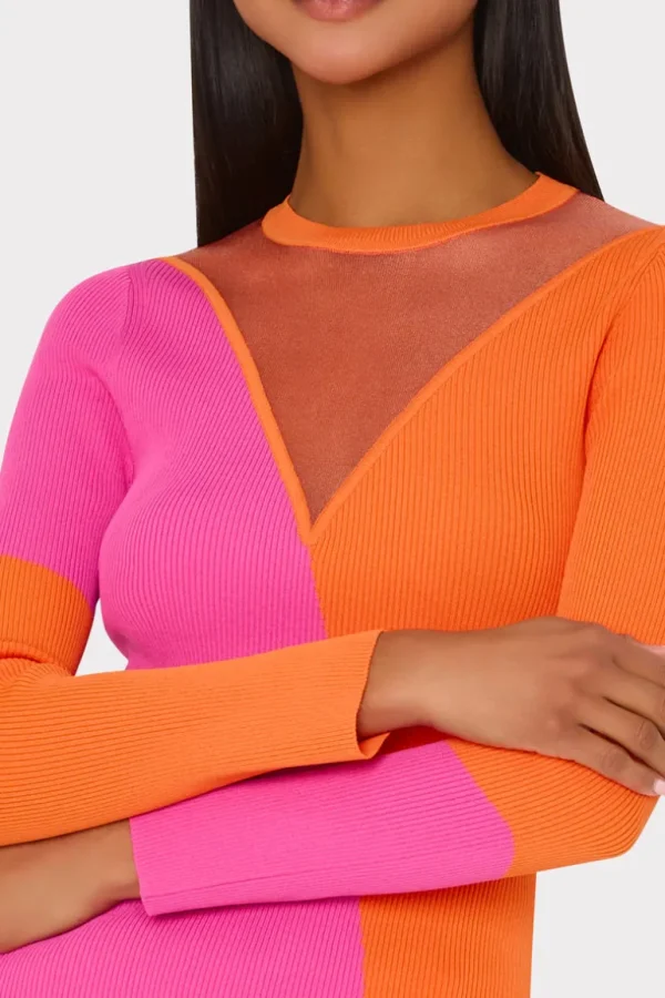New MILLY Color Block Sheer Graphic Crewneck Coral/Pink