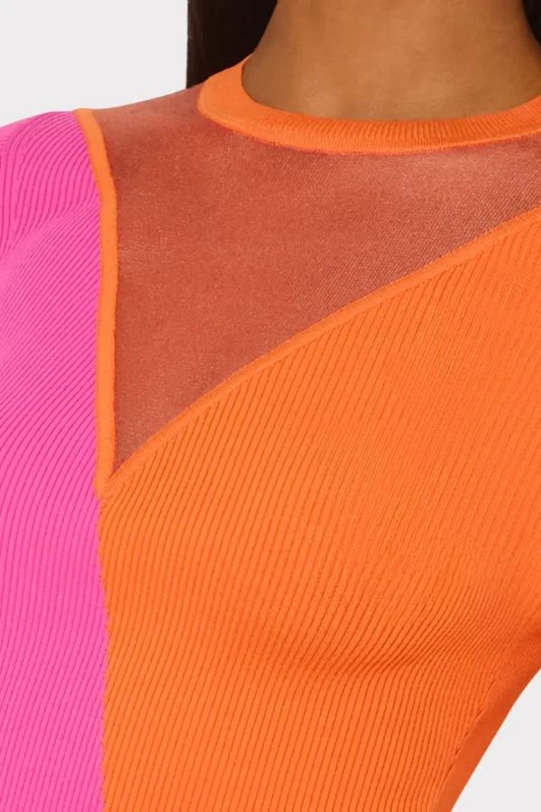 New MILLY Color Block Sheer Graphic Crewneck Coral/Pink