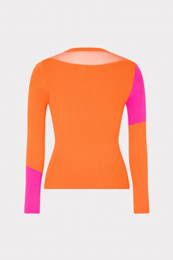 New MILLY Color Block Sheer Graphic Crewneck Coral/Pink