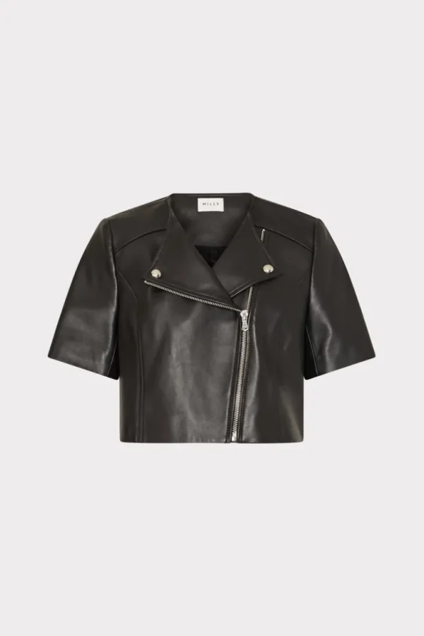 Store MILLY Cropped Short Sleeve Moto Jacket Black