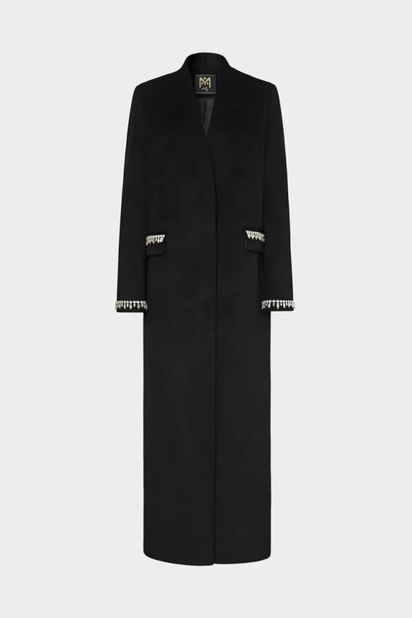 Sale MILLY Embellished Trim Long Coat Black