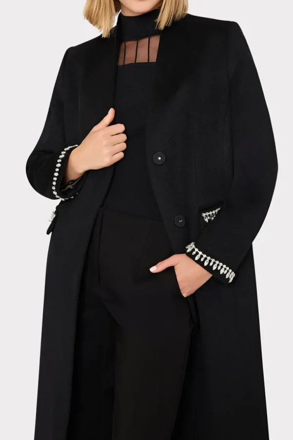 Sale MILLY Embellished Trim Long Coat Black