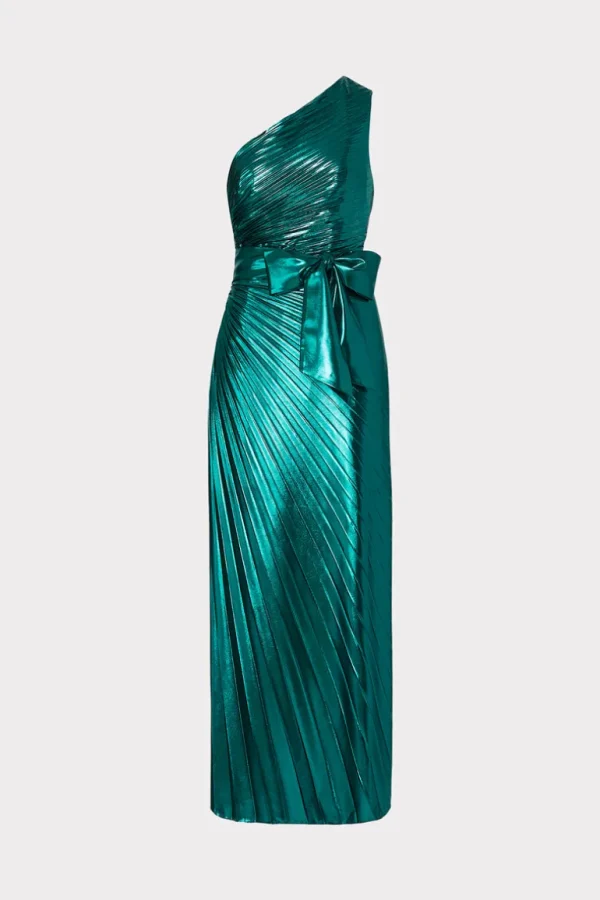 Online MILLY Estelle Pleated Lamé Dress Green