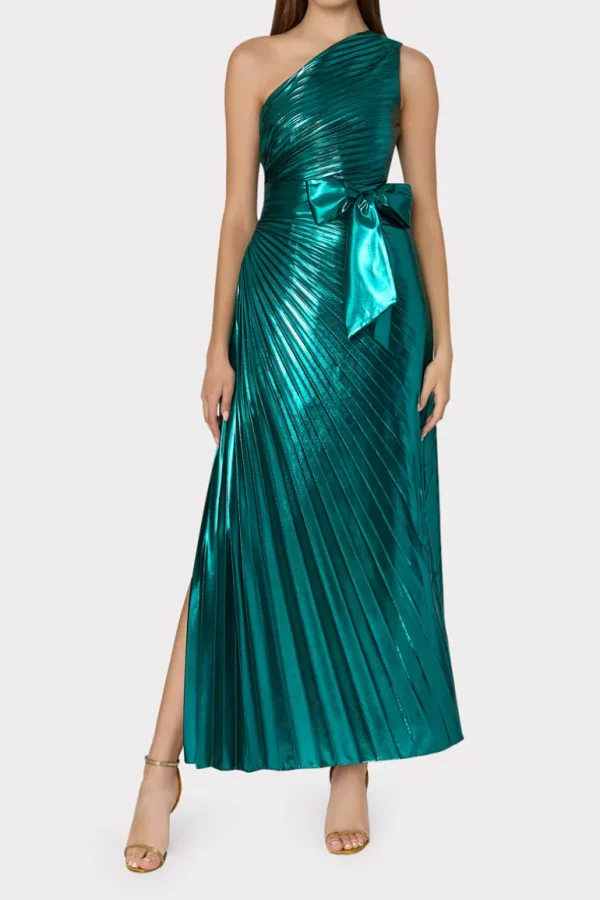 Online MILLY Estelle Pleated Lamé Dress Green