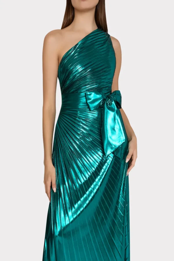 Online MILLY Estelle Pleated Lamé Dress Green