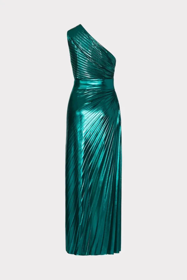 Online MILLY Estelle Pleated Lamé Dress Green