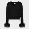 Flash Sale MILLY Feather Cuff V-Neck Sweater Black