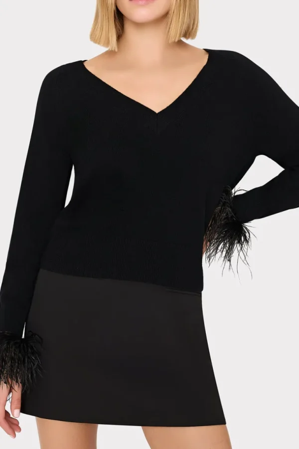 Flash Sale MILLY Feather Cuff V-Neck Sweater Black