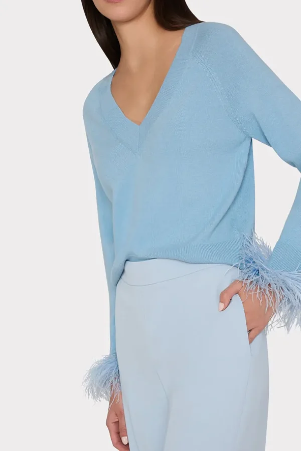 Best MILLY Feather Cuff V-Neck Sweater Ice Blue