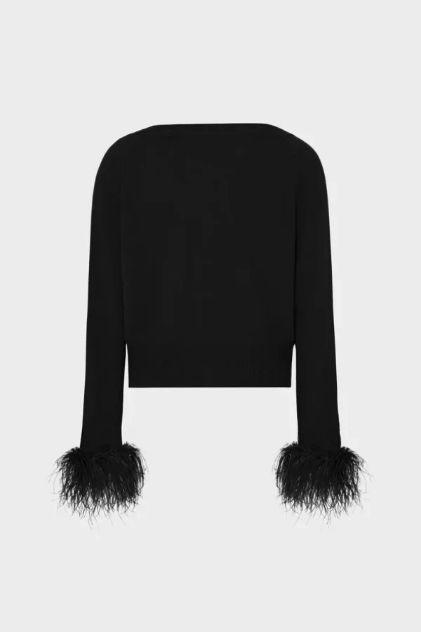 Flash Sale MILLY Feather Cuff V-Neck Sweater Black