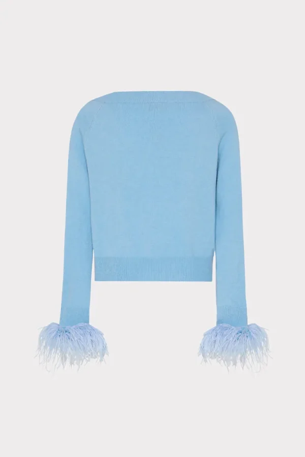 Best MILLY Feather Cuff V-Neck Sweater Ice Blue