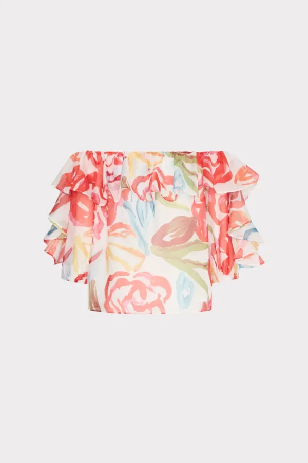 Best Sale MILLY Floraison Rouge Organza Ruffle Top Red Multi