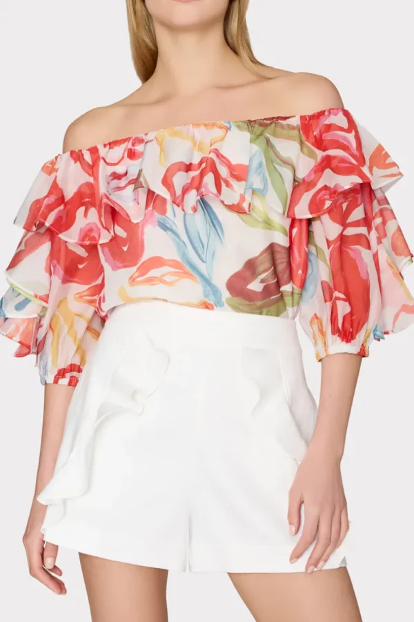 Best Sale MILLY Floraison Rouge Organza Ruffle Top Red Multi