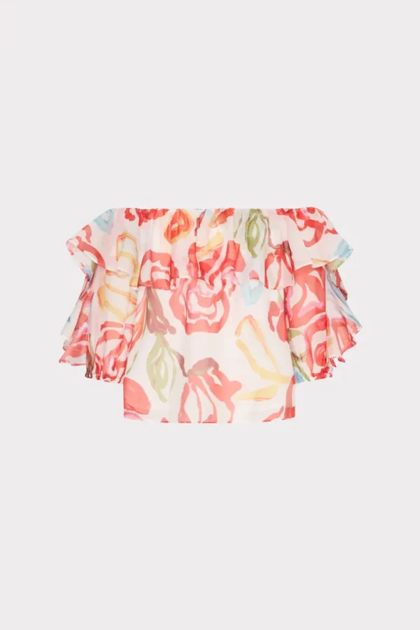 Best Sale MILLY Floraison Rouge Organza Ruffle Top Red Multi
