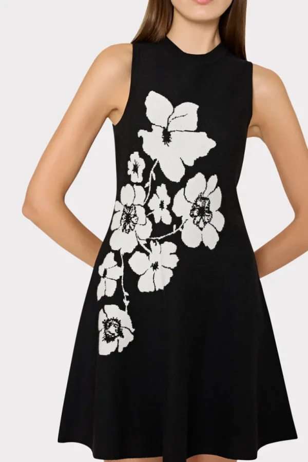 Best Sale MILLY Floral Flare Knit Mini Dress Black/Ecru