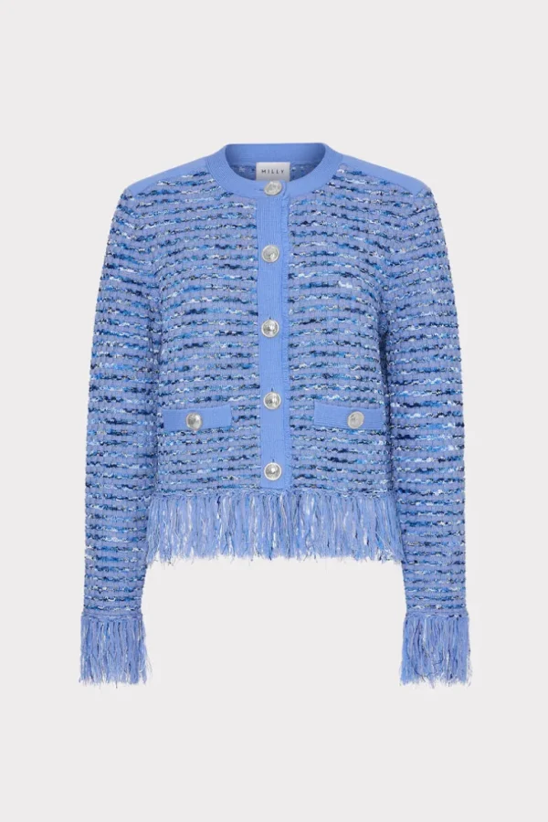 Cheap MILLY Fringe Trim Cardigan Blue