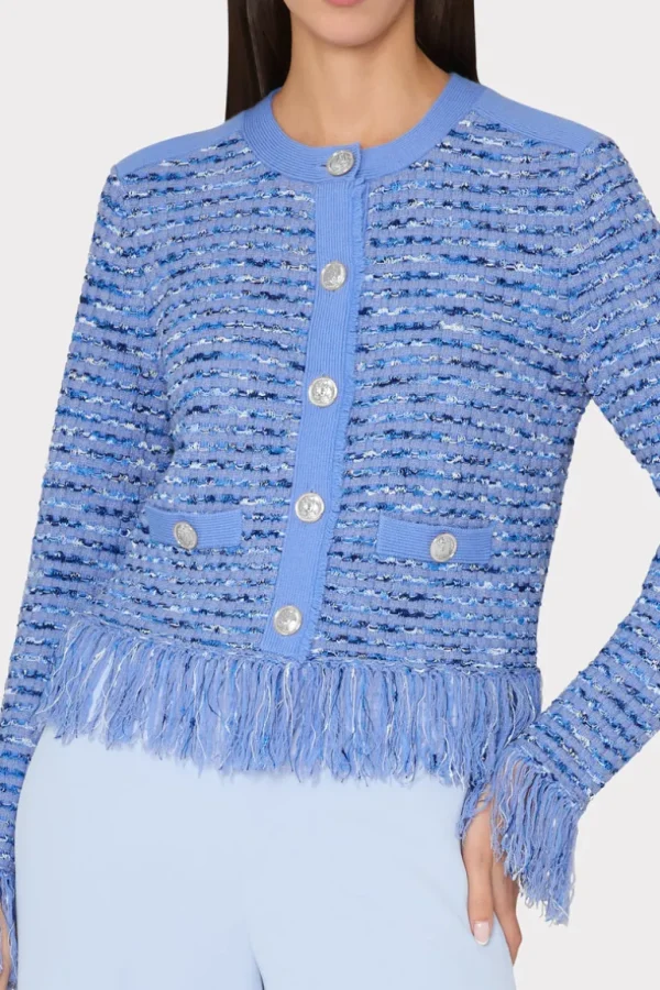 Cheap MILLY Fringe Trim Cardigan Blue