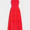 Fashion MILLY Geo Eyelet Knit Combo Midi Dress Red