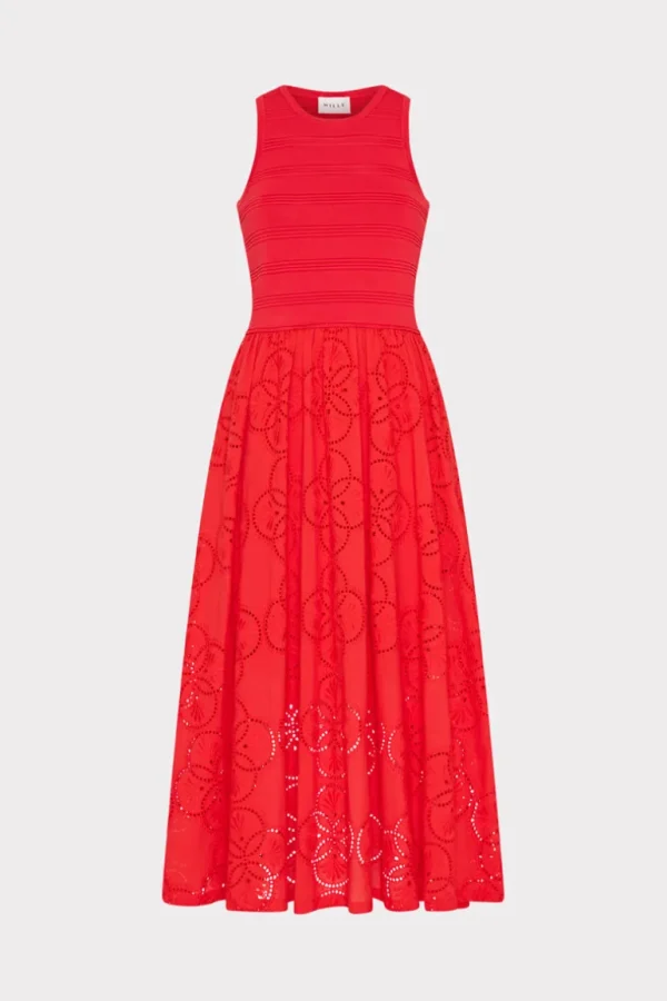 Fashion MILLY Geo Eyelet Knit Combo Midi Dress Red