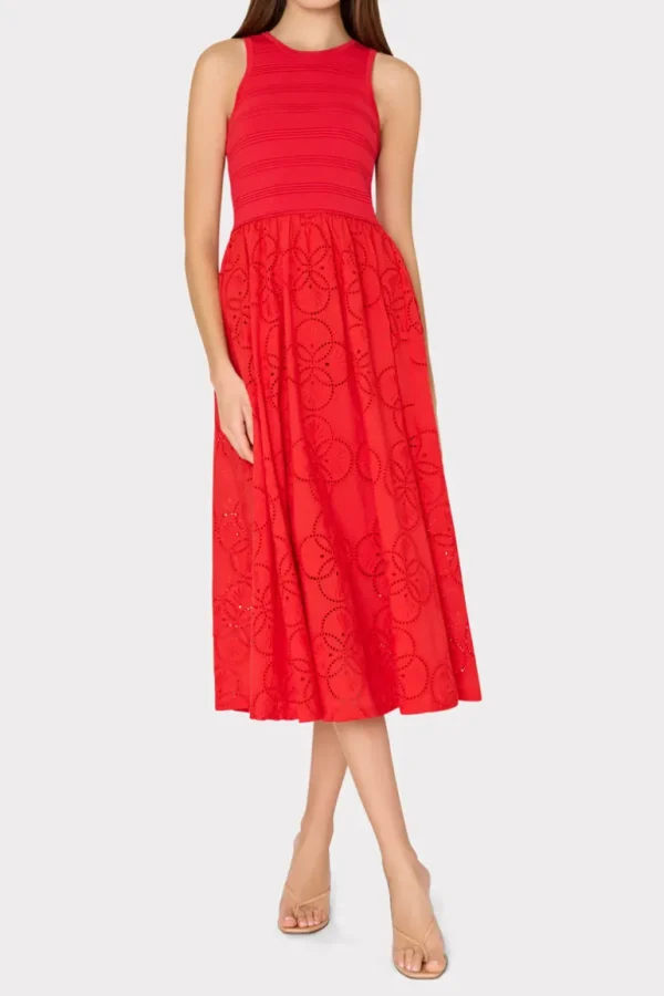 Fashion MILLY Geo Eyelet Knit Combo Midi Dress Red
