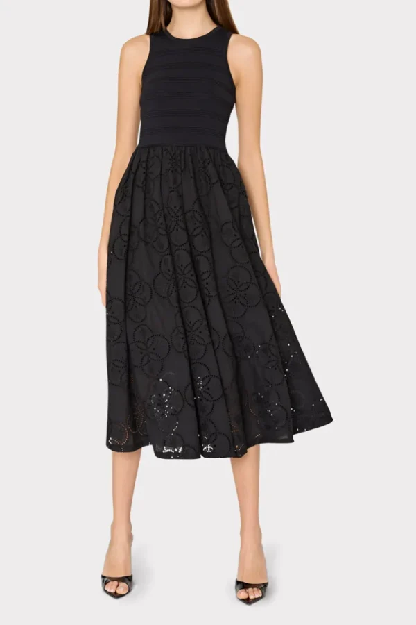 Outlet MILLY Geo Eyelet Knit Combo Midi Dress Black