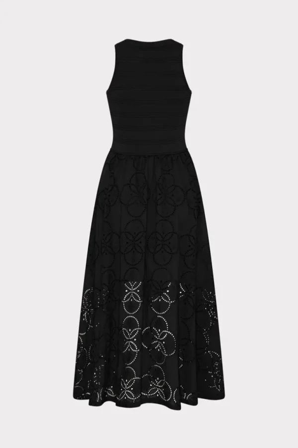Outlet MILLY Geo Eyelet Knit Combo Midi Dress Black