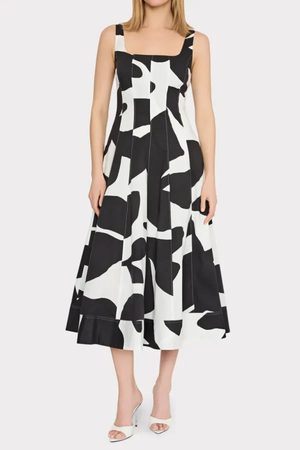 Fashion MILLY Grand Foliage Poplin Midi Dress Black/White