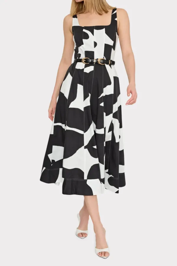 Fashion MILLY Grand Foliage Poplin Midi Dress Black/White