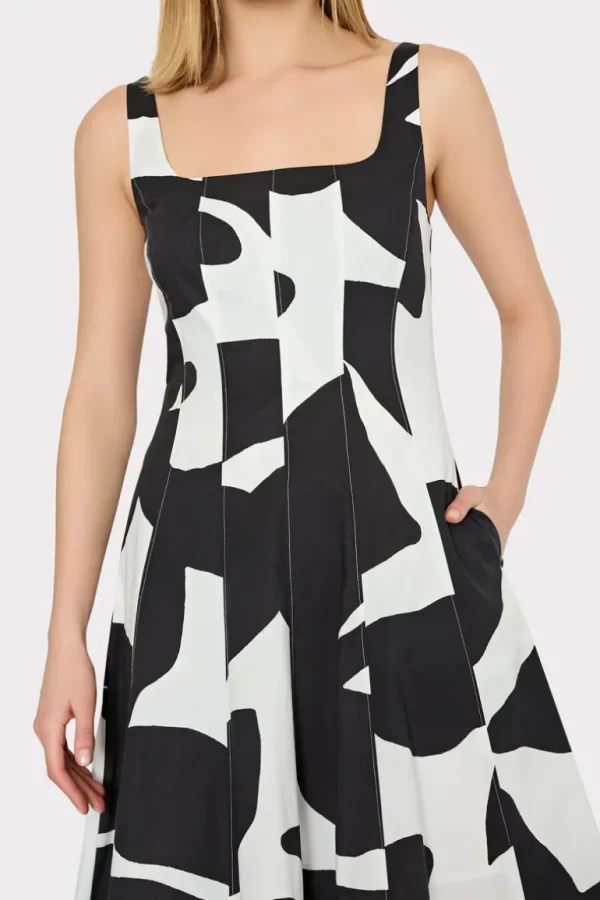 Fashion MILLY Grand Foliage Poplin Midi Dress Black/White