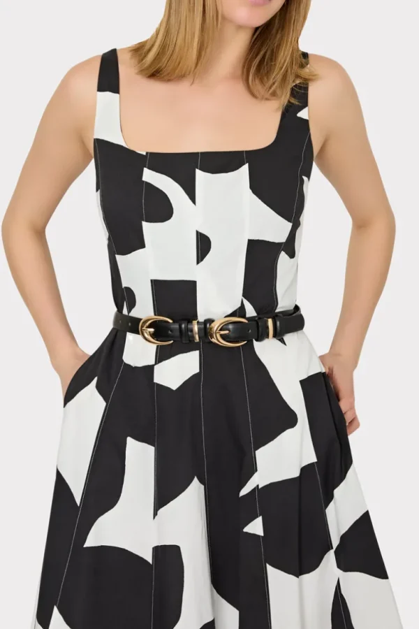 Fashion MILLY Grand Foliage Poplin Midi Dress Black/White