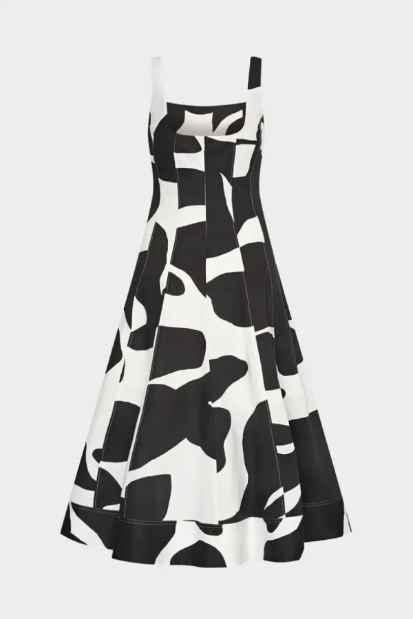 Fashion MILLY Grand Foliage Poplin Midi Dress Black/White