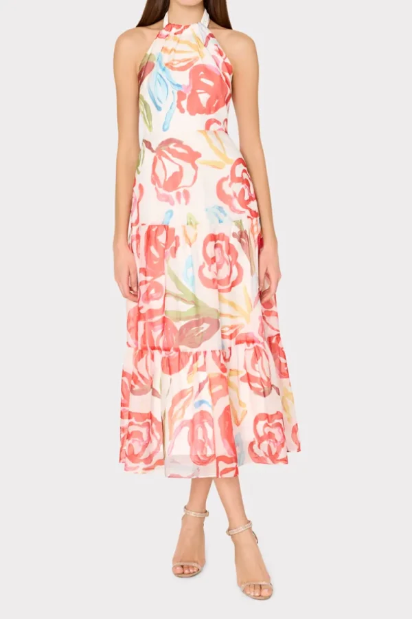 Cheap MILLY Hayden Floraison Rouge Organza Dress Red Multi