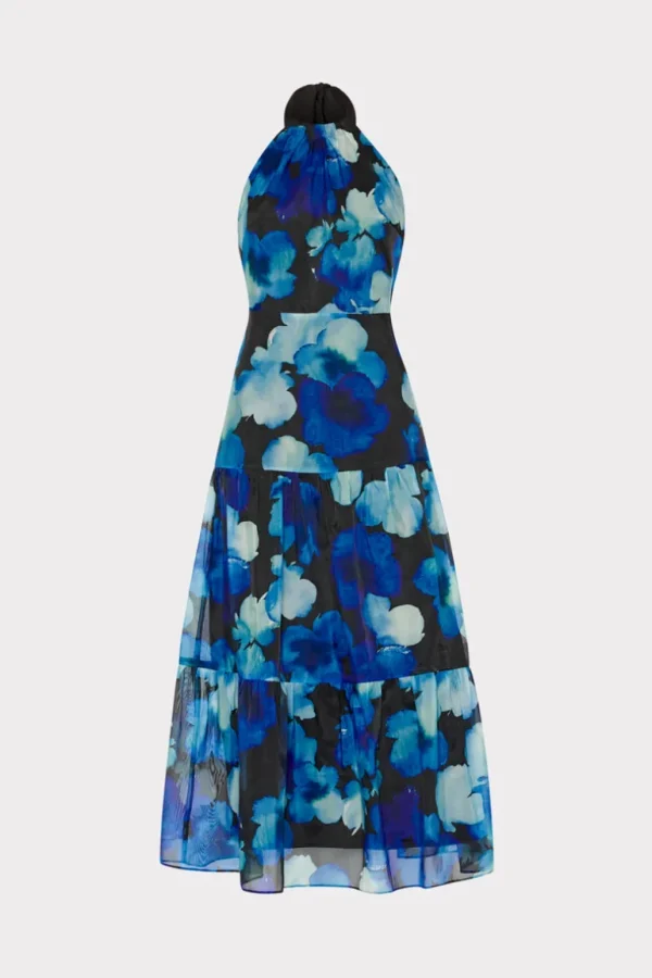 Discount MILLY Hayden Watercolor Petals Organza Dress Blue Multi
