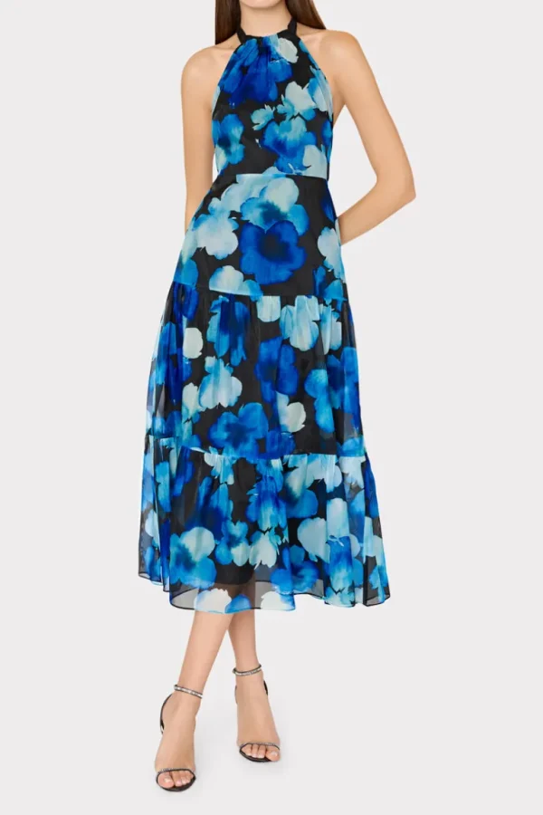 Discount MILLY Hayden Watercolor Petals Organza Dress Blue Multi